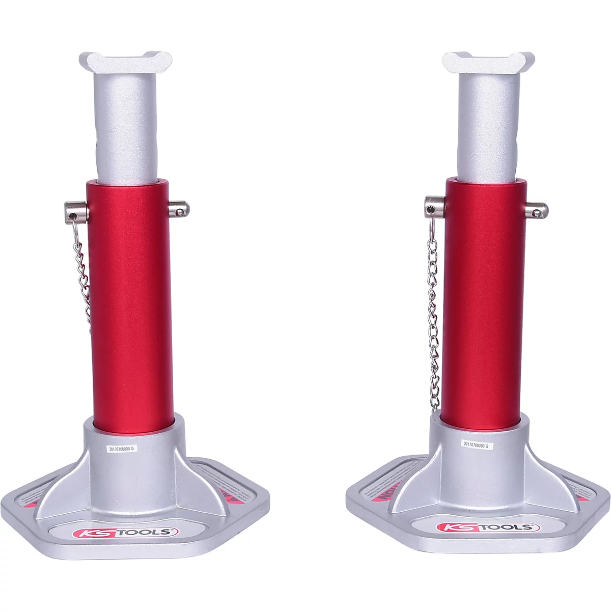 Zwei rote und silberne Kfz-Unterstellböcke. Sie sind bereit, ein Fahrzeug sicher zu stützen.